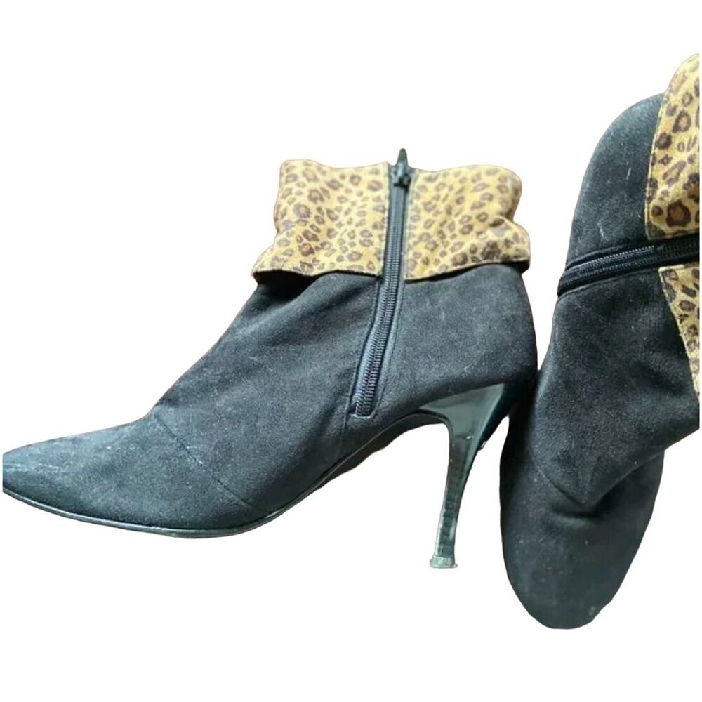 Newport News Black Suede Leopard Print Stiletto Heel Boot Booties Ankle 9.5B